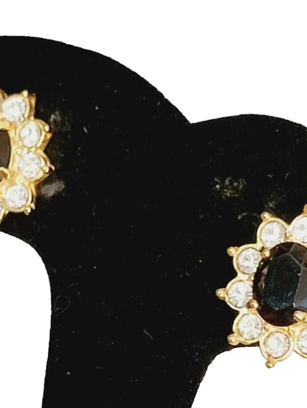 Vintage Roman Rhinestone Pierced Earrings Flowers Black & White Gold-tone kp-21